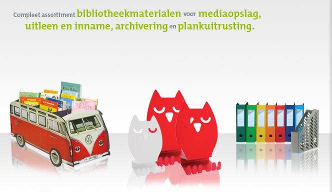 Compleet assortiment bibliotheekmaterialen voor mediaopslag, uitleen en inname, archivering en plankuitrusting.